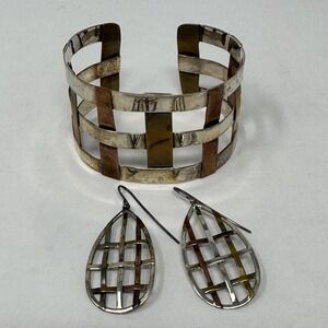 RLM Studio Cuff Bracelet & Dangle Earrings Sterling Copper Brass Modernist Set
